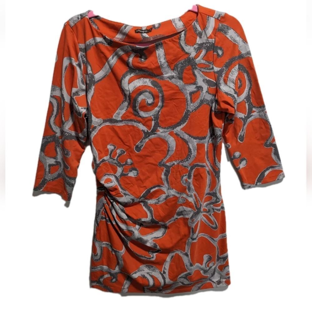 J. McLaughlin Abstract Catalina Cloth 3/4 Sleeve Tunic Shirt Ruched Size M